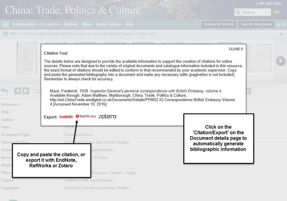 Screenshot of citation tool and export options.