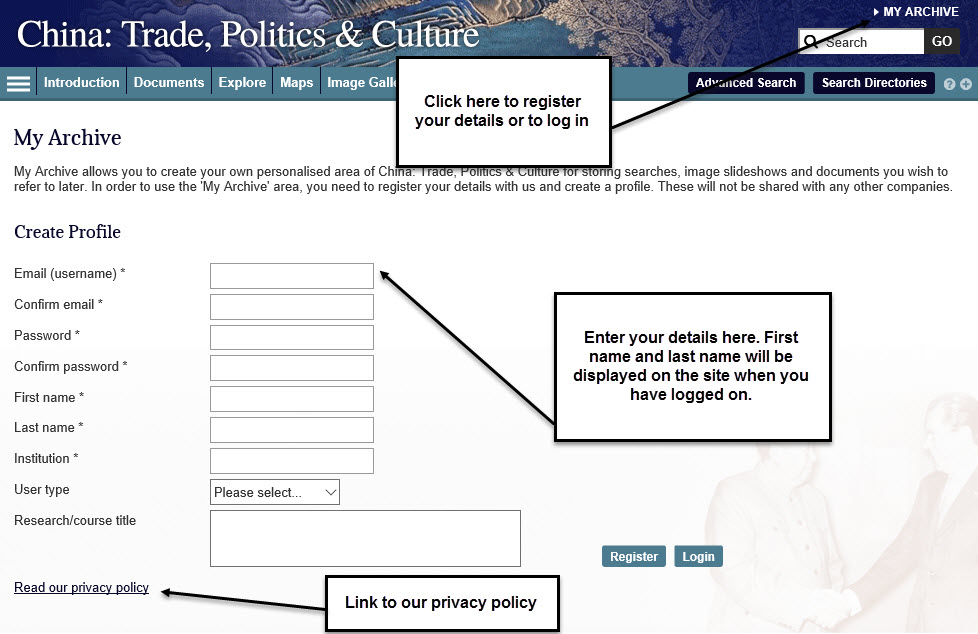 Screenshot of My Archive registration page.