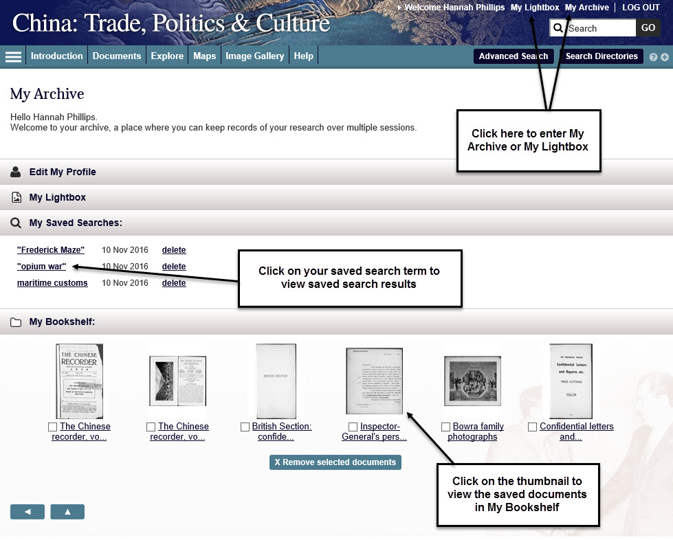 Screenshot of 'My Archive', showing saved searches and 'My Bookshelf'